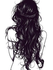 An artistic illustration depicts a woman from the back with flowing dark hair