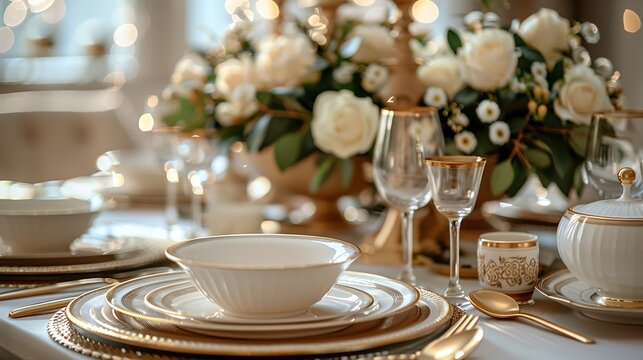 Luxury dining table fine china and gold utensils elegant composition with branding copy space