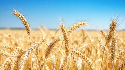 Fototapeta premium Vast Golden Wheat Field Under Clear Blue Sky in Sunny Environment
