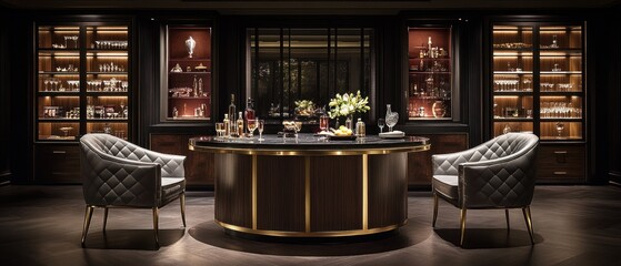 Obraz premium A luxurious home bar with seating and decorative display cabinets