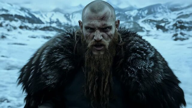 An Epic Viking Warrior stands strong in a breathtakingly beautiful and snowy landscape, exuding bravery