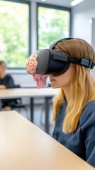 Woman using VR Headset in Classroom Education Technology