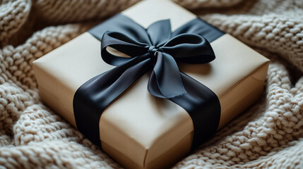 Birds-Eye View of an Exquisitely Wrapped Gift Box Adorned with a Bold Black Ribbon Elegance