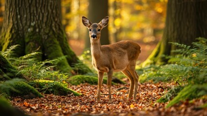 Young roe deer in vibrant autumn forest surrounded by ferns and colorful leaves showcasing nature's beauty and wildlife conservation