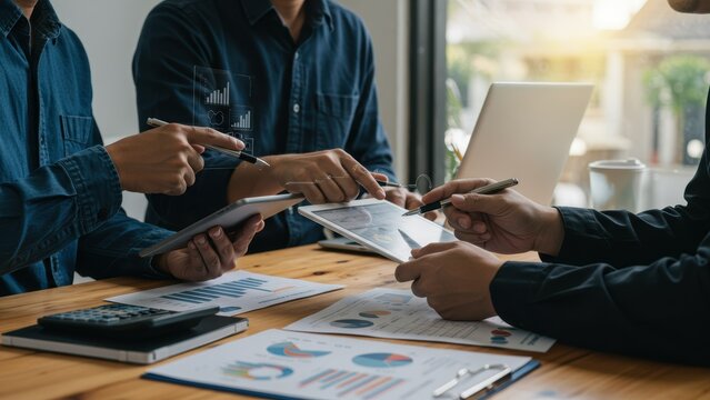 Asian businessman, young adult in business casual attire discussing analytics in contemporary office Team collaboration emphasizes strategy and productivity