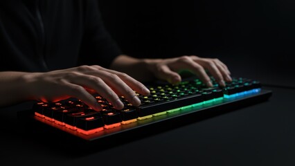 Adult male's hands typing on gaming keyboard with RGB lighting against a dark background Demonstrates technology use, focus, and gaming culture