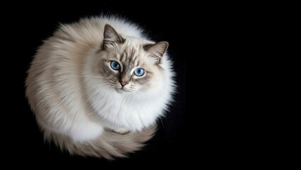 Elegant white cat with blue eyes on a black background. Majestic pet portrait. High contrast, studio shot. Ideal for pet lovers.

