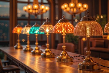 Fototapeta premium Chic Retro Lamp Display with Bright Shimmering Glows on a Warm Background