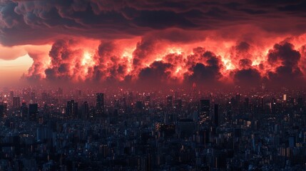 Fototapeta premium A dramatic cityscape beneath a fiery red and dark cloudscape overhead