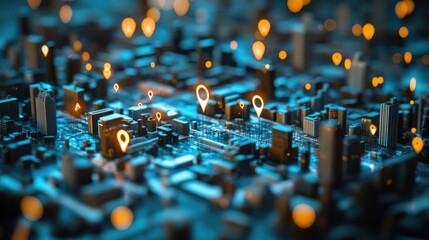 City map with digital markers, urban planning, futuristic, night view, stock photo