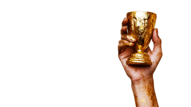 Hand holding a golden trophy celebrating achievement and victory