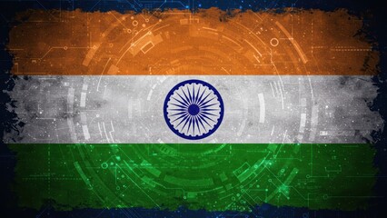 A digital representation of the Indian flag on a tech background.