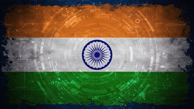 A digital representation of the Indian flag on a tech background.