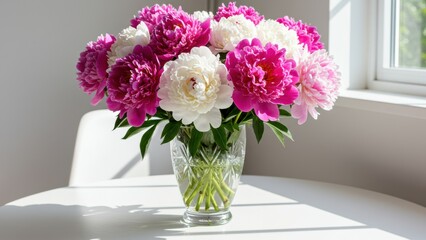 A vibrant bouquet of pink and white peonies in a crystal vase on a table Bright sunlight enhances elegance Ideal for celebrations and home decor