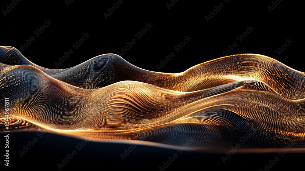 Poster abstract visualization of flowing golden waves against a dark background, evoking motion and depth