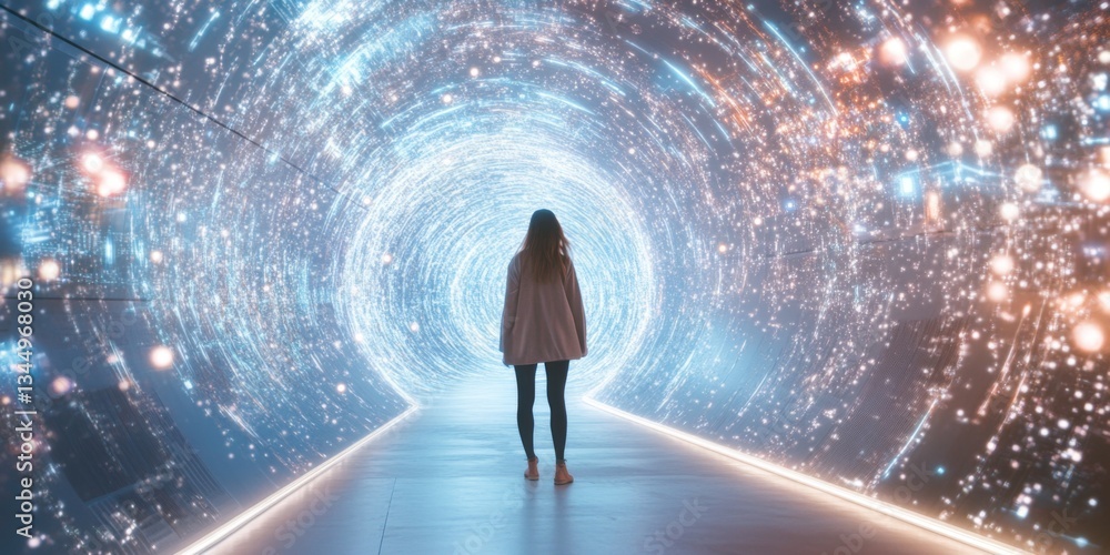 Poster a person walks through a glowing tunnel. the pathway is illuminated with bright lights and colorful 
