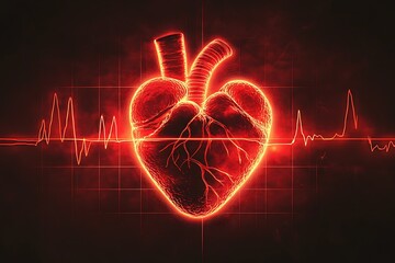 A red, glowing human heart with an embossed border on a black background, and a pulse line in the middle of it