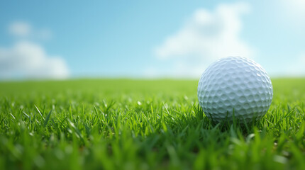 Obraz premium A golf ball rests on the green, poised for the perfect shot against a vibrant blue sky.
