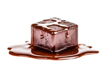 Chocolate ice cube melting on a clear surface with liquid chocolate