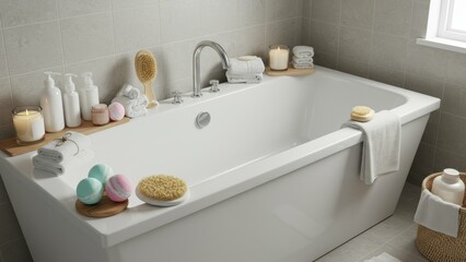 Modern white bathtub with toiletries and candles arranged neatly in a bathroom Atmosphere promotes relaxation, self care, and minimalistic design