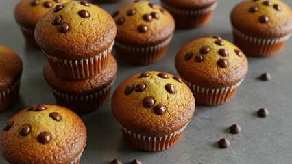 Golden brown muffins with chocolate chips baked in a cozy kitchen Perfect for dessert and sweet treat moments, ideal for gatherings and celebrations