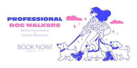Dog Walking Service Banner. Happy Woman Walking a Dog, Modern Flat Illustration.