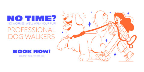 Dog Walking Service Banner. Happy Woman Walking a Dog, Modern Flat Illustration.