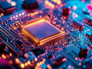 Fototapeta premium A detailed close-up shows a microprocessor on a circuit board. The vibrant lights highlight the intricate pathways and components, creating a dynamic tech visual.