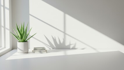 Aloe vera plant on shelf against white wall Sunlight casts shadows, creating minimalist decor in serene indoor space Concepts of sustainability and wellness