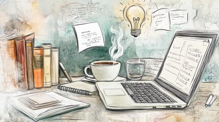 Obraz premium Detailed hand-drawn ink and wash scene of a workspace with a laptop, steaming coffee, open notebooks, and floating knowledge symbols such as light bulbs and books