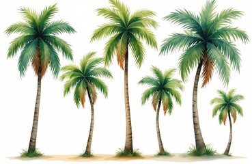 Watercolor illustration of tropical palm trees set on white background. Hand-painted exotic island palm trees. Trendy design for wallpaper, banner, backdrop, pattern, template card. Summer vibes.