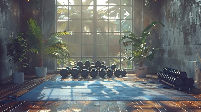 Minimalist gym setting free weights and a yoga mat open area for motivational text