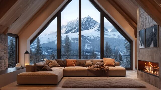 Cozy chalet living room with panoramic windows offers breathtaking mountain views. A warm fireplace adds to the winter ambiance, creating a relaxing retreat. Video made using Generative AI.