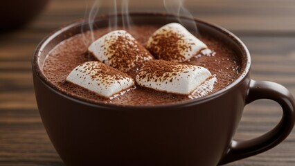 Hot chocolate with marshmallows in a brown ceramic cup on a wooden table Perfect for winter holidays and cozy moments