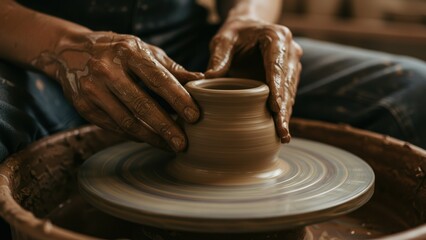 Adult male artisan shaping pottery on a wheel in an art studio Focus on hands covered in clay Concept of craftsmanship and creative expression