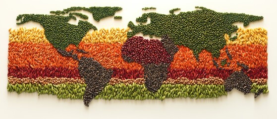 A world map design created from various types of grains