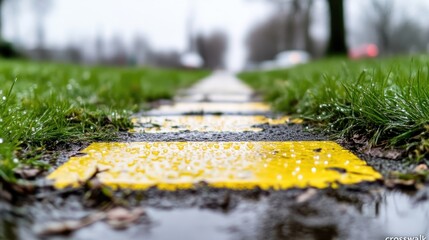 Wet, yellow paved path through grass