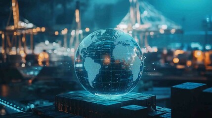 Glowing 3D Globe Overlay on Shipping Port Background at Night