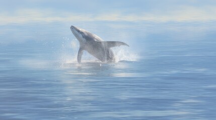 Fototapeta premium Whale leaping in ocean, calm sky background