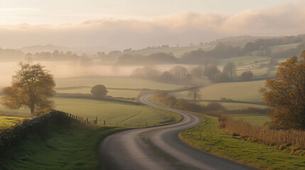 Vast Panoramic Shot of Peaceful Countryside with Rolling Hills, Winding Roads, and Golden Fields Under Soft Hazy Morning Light