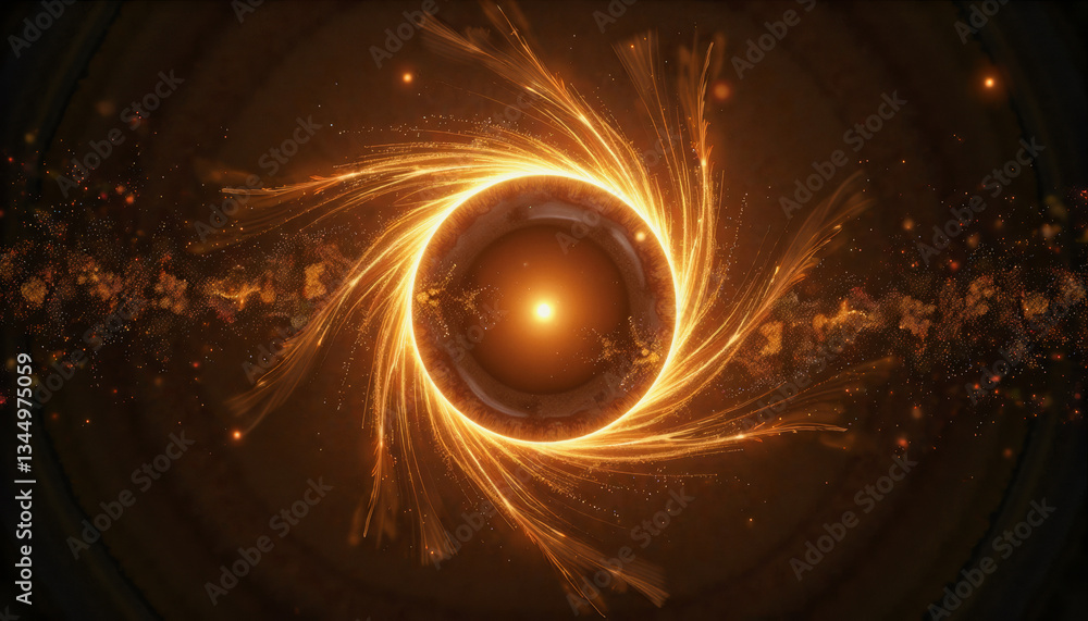 Poster golden light swirls around a central orb, creating a mesmerizing cosmic vortex of shimmering particl