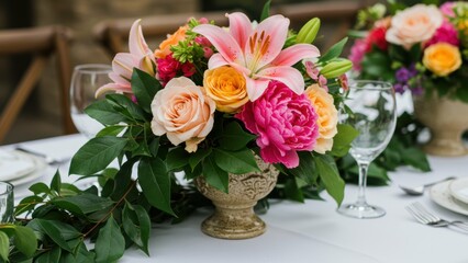 Colorful flower arrangement featuring roses, lilies, and peonies on an elegantly set table at an outdoor wedding event Themes include love and celebration