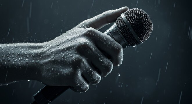 Wet Hand Holding Microphone in Rain