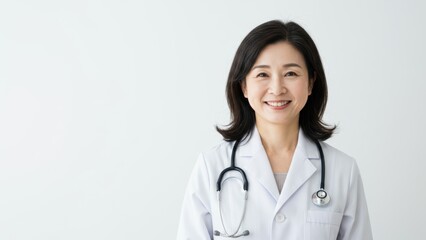 Fototapeta premium Asian female doctor smiling in white lab coat with stethoscope in neutral studio Represents healthcare profession, diversity, and patient empowerment