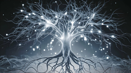 Obraz premium Abstract Tree Illustration with Glowing Orbs for Science and Nature