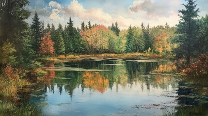 Fototapeta premium Tranquil Autumn Landscape with Reflections of Trees and Colorful Foliage in a Still Water Pond