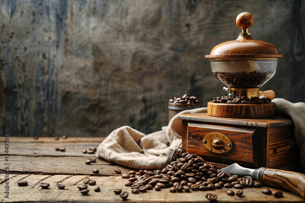 Poster discover the art of brewing with fresh coffee beans and traditional grinders on a rustic wooden tabl