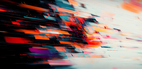 Digital glitch or a distorted video signal, with sharp angles and jagged lines. Abstract composition that evokes a sense of visual chaos.