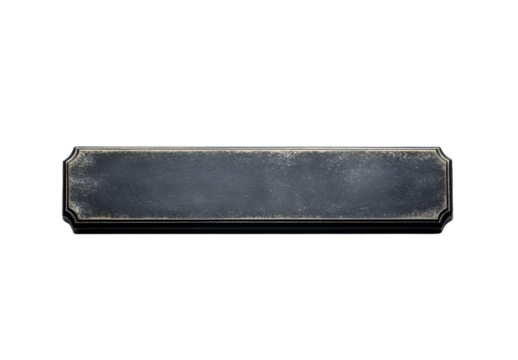 Metal dark grey bar shaped nameplate or name tag isolated on white background
