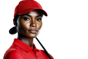 Confident golfer wearing red attire with golf club indoors